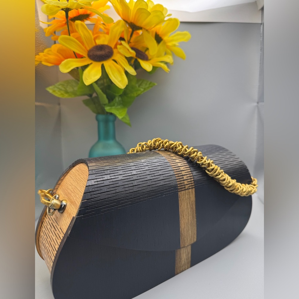 Handmade- Two-toned Navy/Oak Wood Clutch Bag with Stripe and Gold Chain - Picture 2 of 5